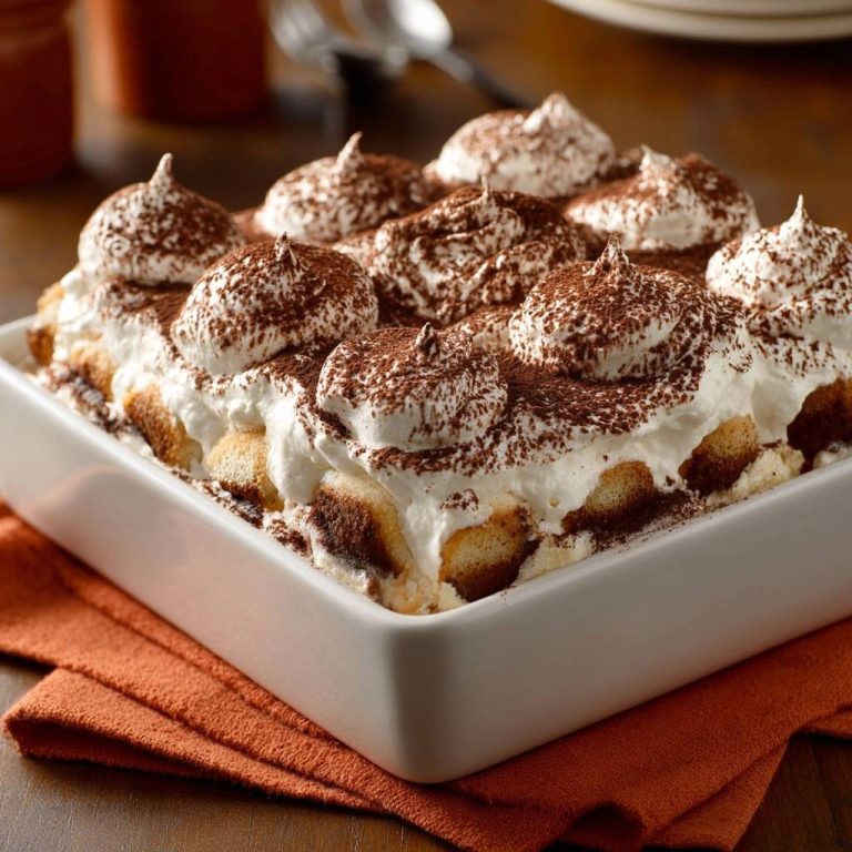 Perfektes Tiramisu in einer weißen Auflaufform, garniert mit großzügigen Sahnehauben und Kakaopulver. Ein unwiderstehlicher Genuss.