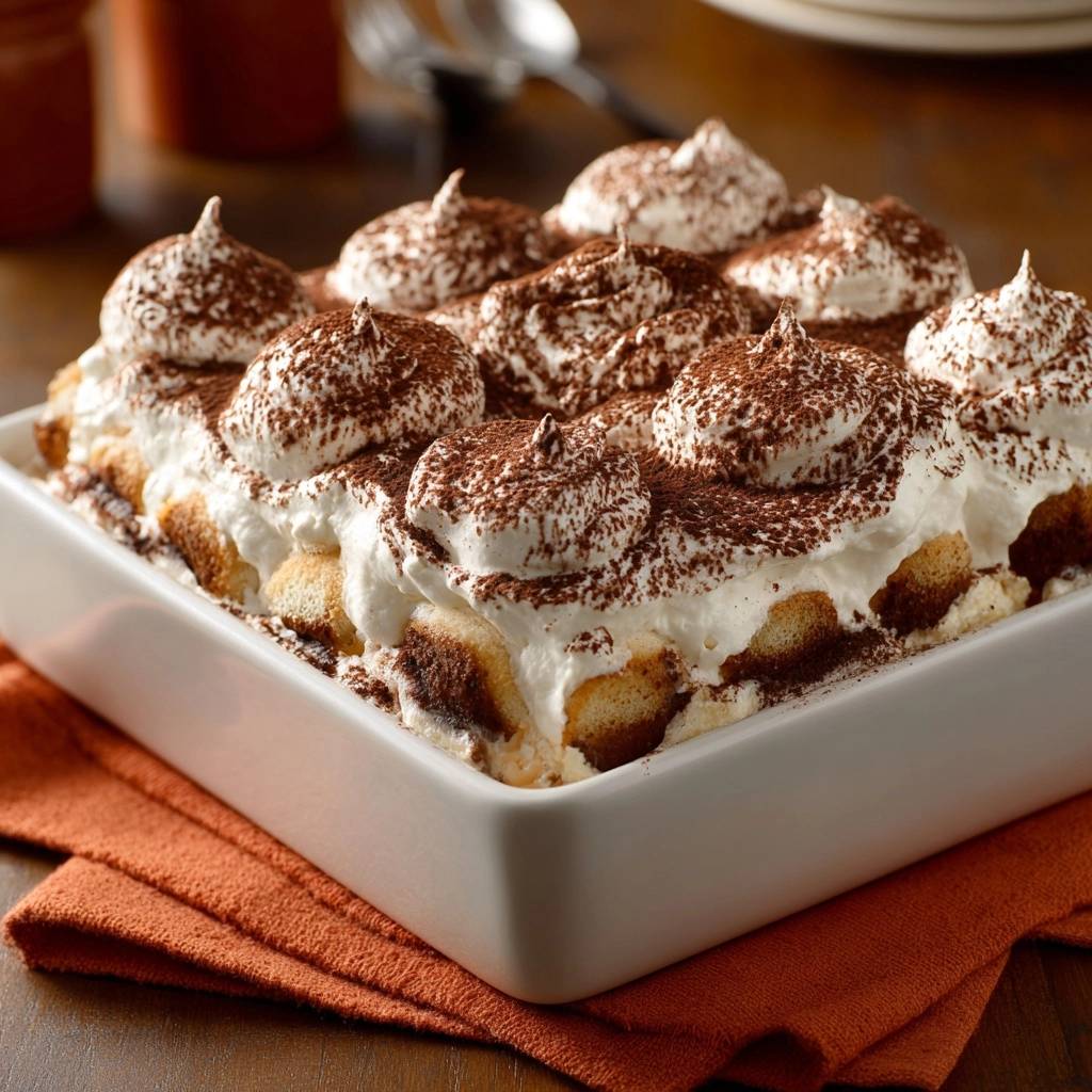 Perfektes Tiramisu in einer weißen Auflaufform, garniert mit großzügigen Sahnehauben und Kakaopulver. Ein unwiderstehlicher Genuss.
