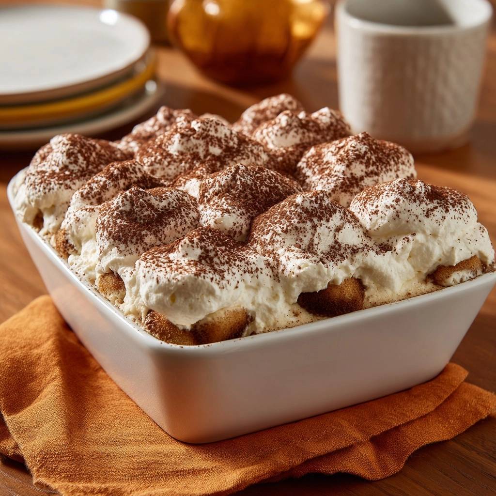 Perfektes Tiramisu als ganzes Dessert in einer weißen Auflaufform, mit Kakao bestreut.