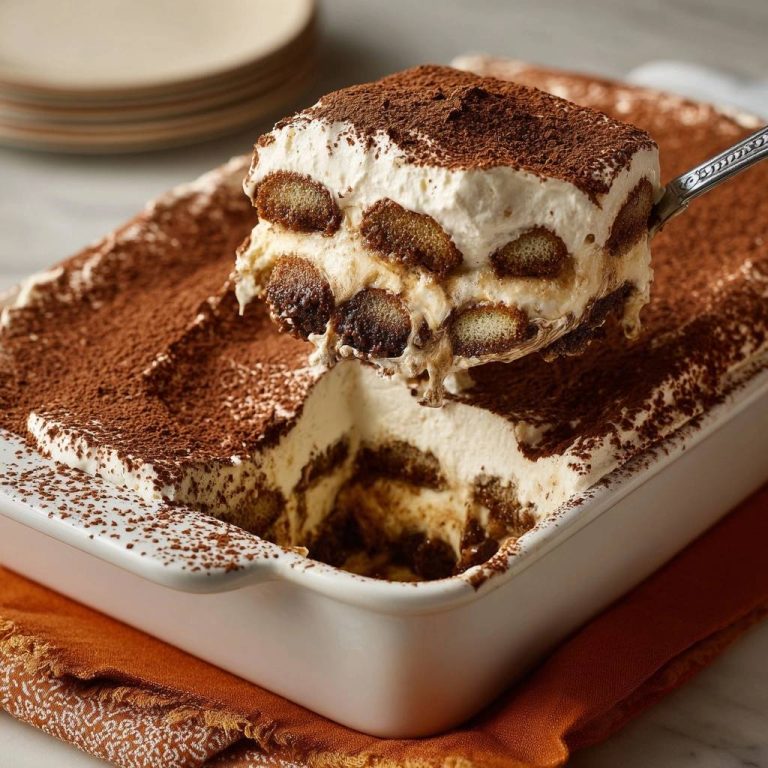 Perfektes Tiramisu Querschnitt zeigt die cremigen Schichten und die Löffelbiskuits. Ein Stück wird aus der Auflaufform gehoben.