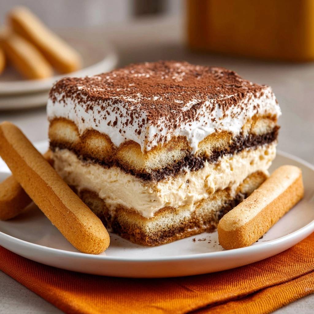 Perfektes Tiramisu auf einem Teller serviert, mit einem Blick auf die geschichteten Schichten und die cremige Konsistenz.