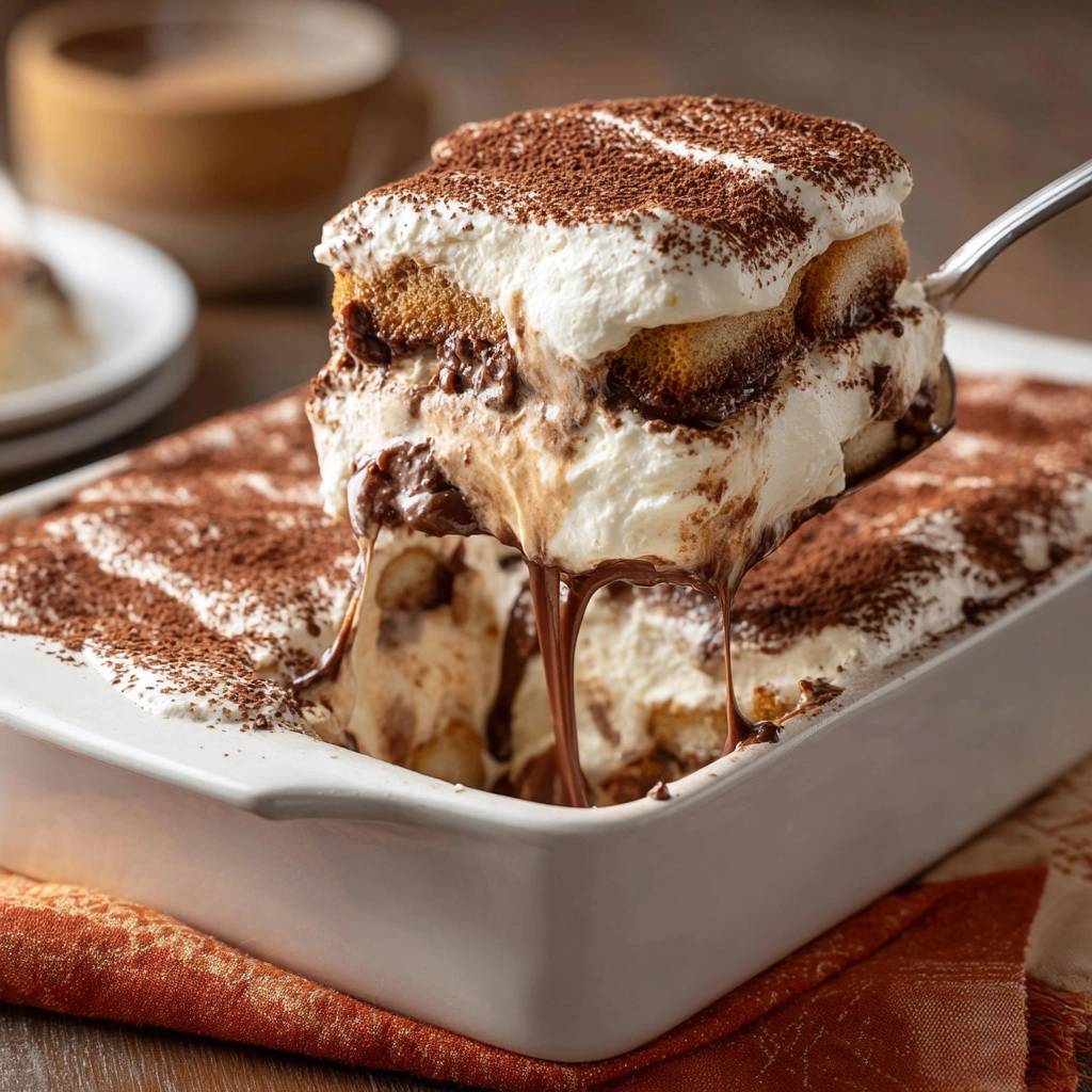 Perfektes Tiramisu Querschnitt Serviert 1 3 Perfektes Tiramisu in Nahaufnahme: Ein cremiger Querschnitt wird mit einem Löffel aus der Auflaufform serviert. Der Schokoladen-Kaffee-Geschmack ist deutlich erkennbar.