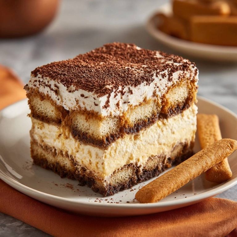 Perfektes Tiramisu, serviert auf einem Teller, zeigt einen verlockenden Querschnitt mit deutlich sichtbaren Schichten und Kakaobestäubung.