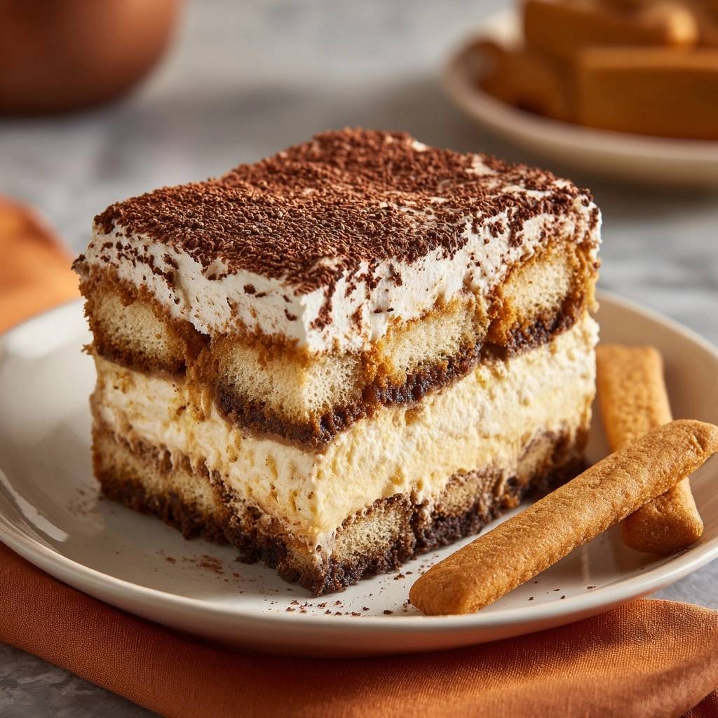 Perfektes Tiramisu, serviert auf einem Teller, zeigt einen verlockenden Querschnitt mit deutlich sichtbaren Schichten und Kakaobestäubung.