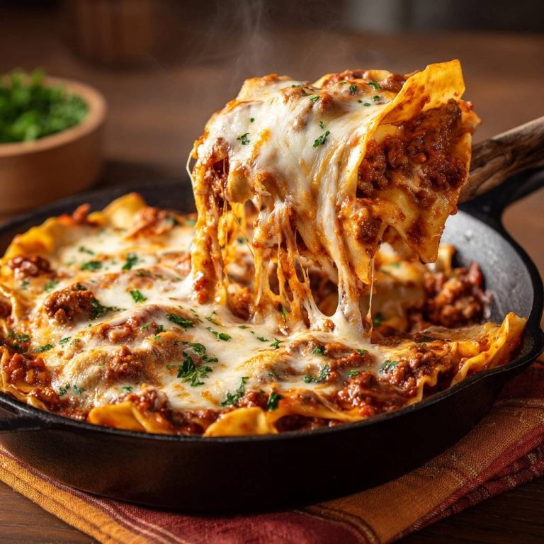 Pfannen-Lasagne mit geschmolzenem Käse, der sich beim Herausheben aus der Pfanne zieht, serviert auf einem Holzlöffel. Der Dampf steigt vom Gericht auf.