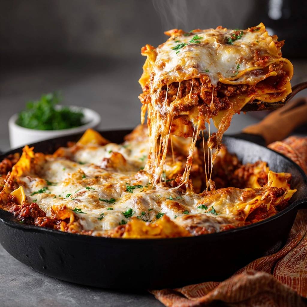 Pfannen Lasagne Querschnitt Kaese Zieht 1 Pfannen-Lasagne mit geschmolzenem Käse, der sich beim Herausheben aus der Pfanne zieht. Ein köstlicher Querschnitt zeigt die geschichteten Schichten.