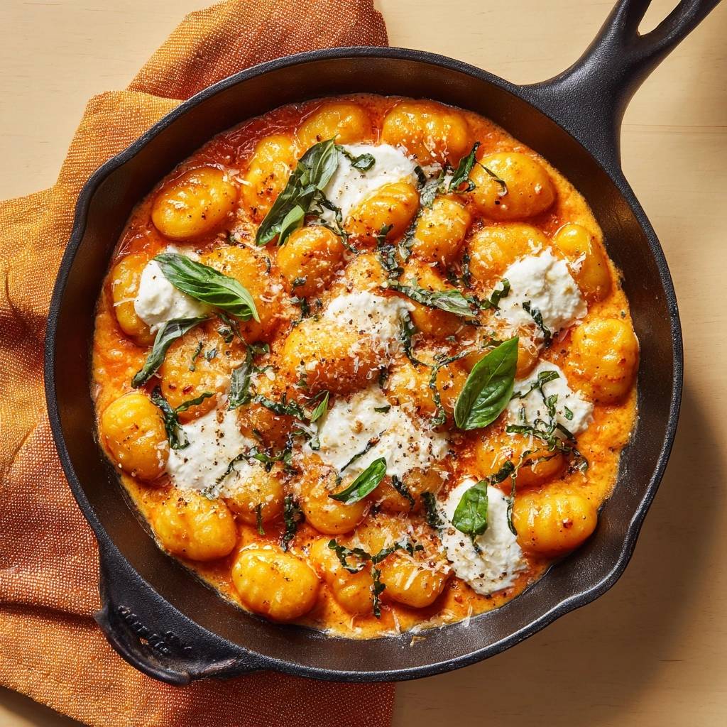 Knusprige Pfannengnocchi in Tomatensoße, serviert in einer gusseisernen Pfanne und garniert mit frischem Basilikum und Ricotta.