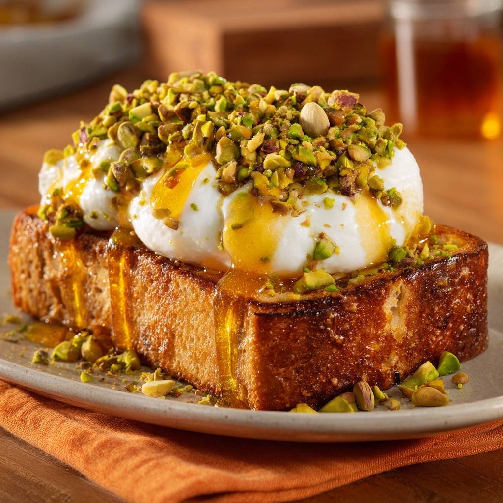 Pistazien-Honig-Toast serviert auf einem Teller mit cremiger Burrata, goldgelbem Honig und gehackten Pistazien als Topping.