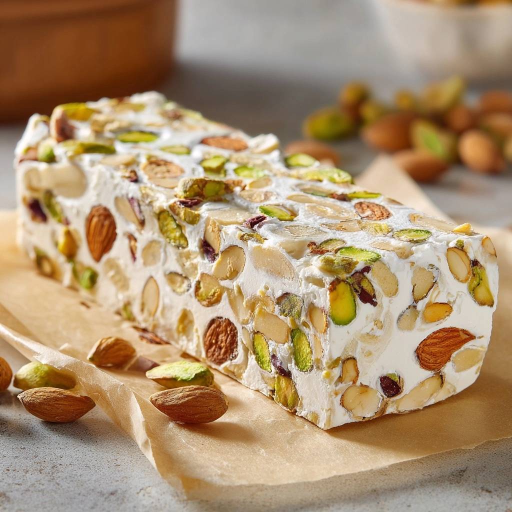 Pistazien-Mandel-Nougat in Nahaufnahme, mit vielen Mandeln und Pistazien, auf einem Stück Backpapier, bereit zum Genuss.