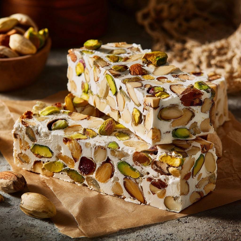 Pistazien-Mandel-Nougat in Nahaufnahme, mit deutlich sichtbaren Mandeln und Pistazien in einem cremigen Nougat, serviert auf Backpapier.