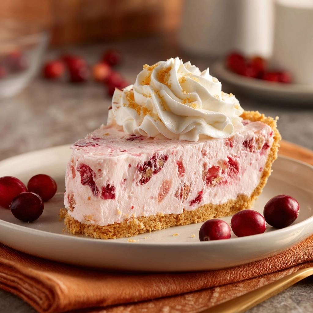 Preiselbeer-Sahne-Torte, serviert auf einem Teller, zeigt einen köstlichen Querschnitt der cremigen, no-bake Füllung mit Preiselbeeren.