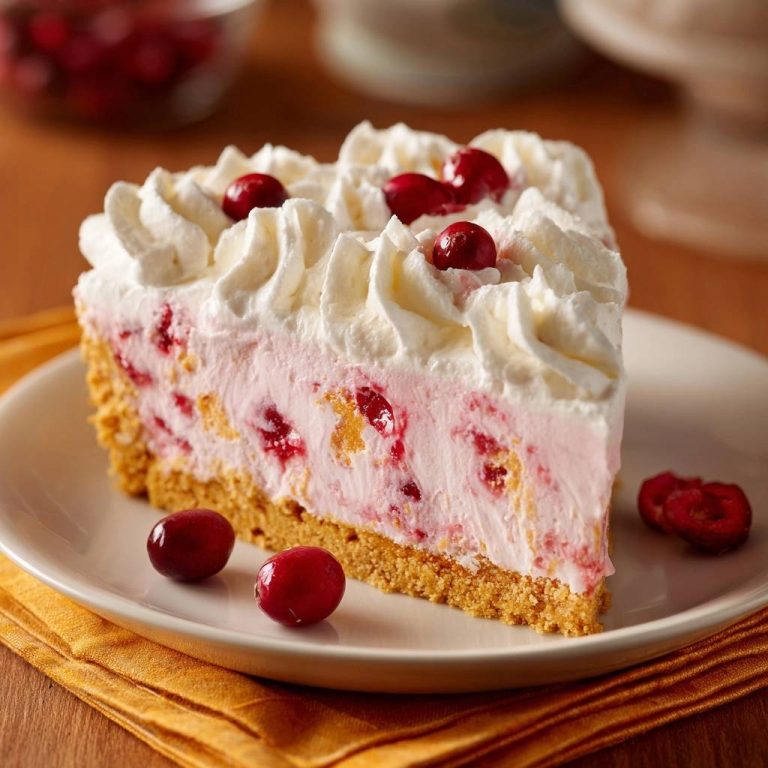 Preiselbeer-Sahne-Torte, ein köstliches Stück, serviert auf einem Teller mit einem dekorativen Spritzmuster aus Sahne und frischen Preiselbeeren.
