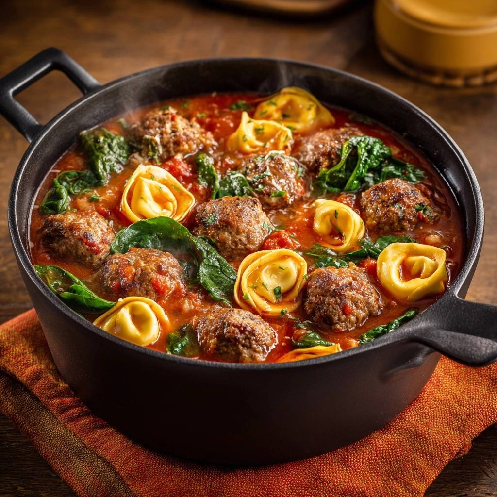 Ravioli-Fleischbällchen-Eintopf mit Spinat, serviert in einem schwarzen Gusseisentopf mit dampfenden Fleischbällchen und Tortellini.