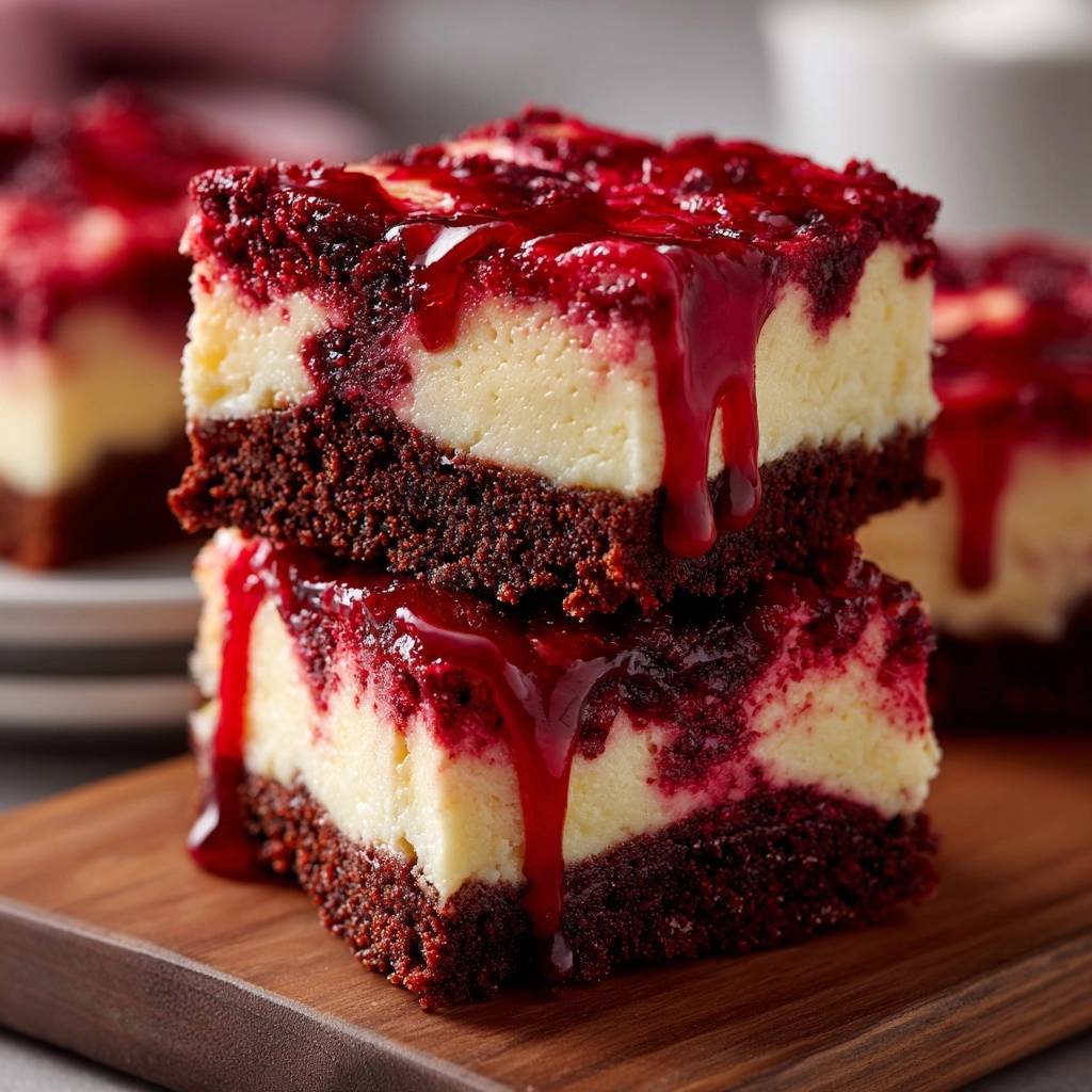 Red Velvet Käsekuchen-Squares mit Himbeersoße zeigen hier einen köstlichen Querschnitt, der die saftigen Schichten enthüllt, serviert auf einem Holzbrett.