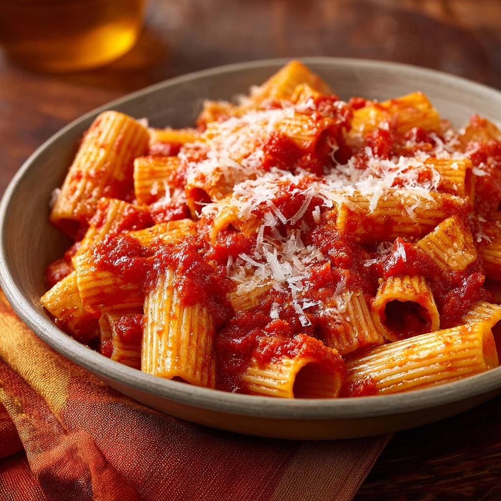 Rigatoni Alla Pomodoro Nahaufnahme Serviert 1 Rigatoni alla Pomodoro serviert in einer Schüssel mit viel Tomatensauce und frisch geriebenem Parmesan, ein köstliches italienisches Gericht.