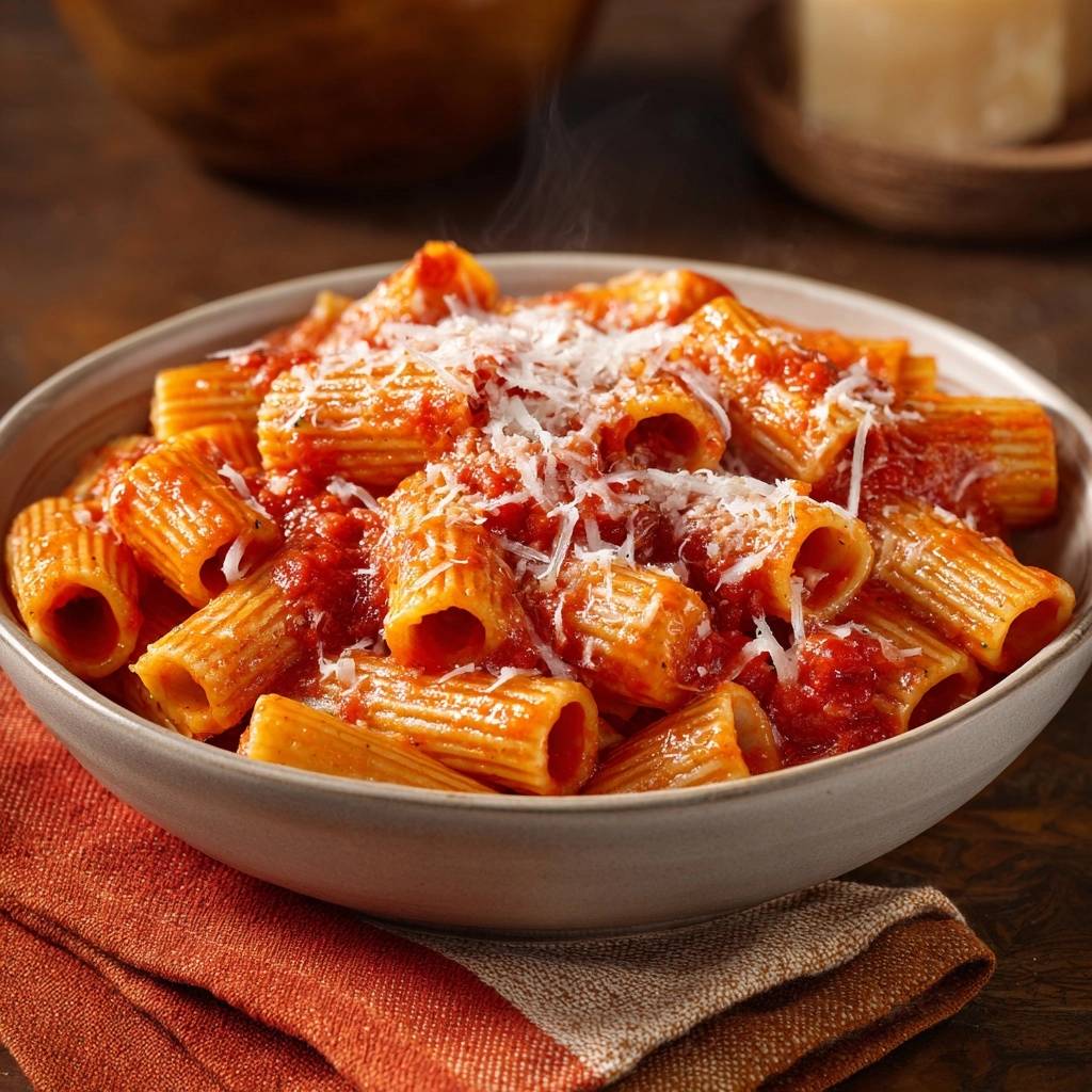 Rigatoni alla Pomodoro in einer Schüssel, serviert mit Tomatensauce und frisch geriebenem Parmesan, ein köstliches italienisches Gericht.