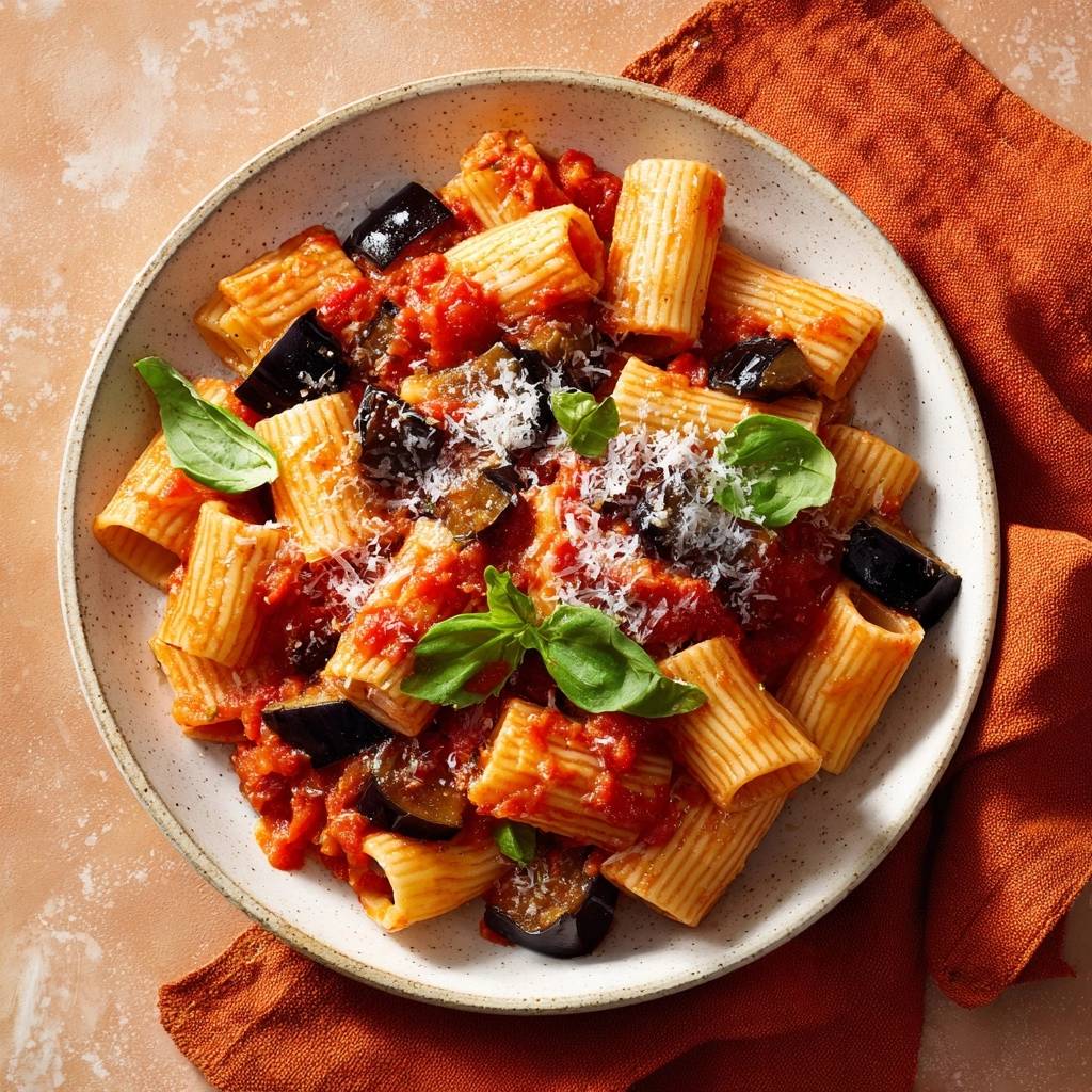 Rigatoni Mit Auberginen Tomaten Draufsicht Serviert 1 Rigatoni mit Auberginen-Tomaten-Sauce, serviert in einer Schale, garniert mit frischem Basilikum und Parmesan. Ein köstliches italienisches Gericht.