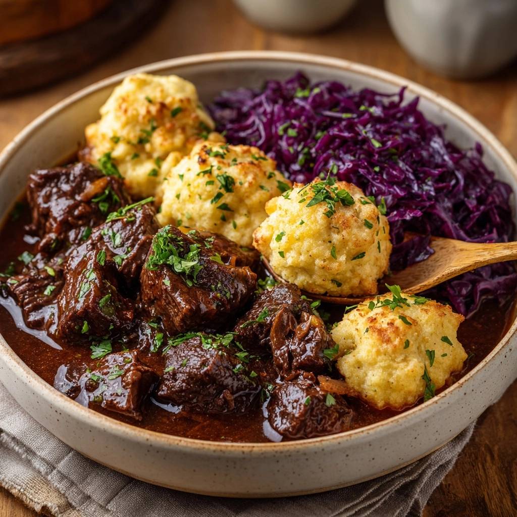 Rindergulasch Mit Rotkohl Und Semmelknoedeln Serviert 1 Rindergulasch mit Rotkohl und Semmelknödeln serviert in einer Schüssel, garniert mit frischer Petersilie, bereit zum Genießen.