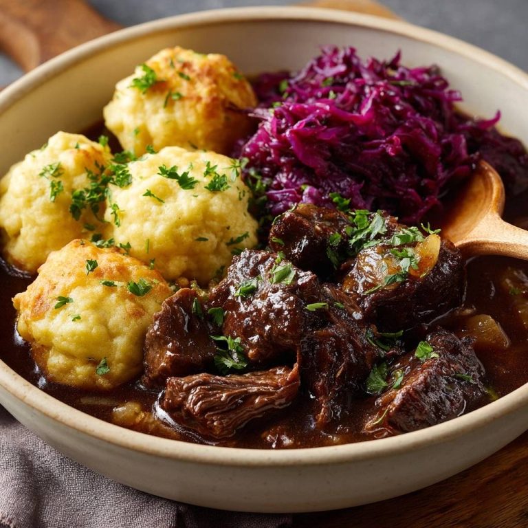 Rindergulasch mit Rotkohl und Semmelknödeln serviert in einer rustikalen Schüssel, garniert mit frischer Petersilie.