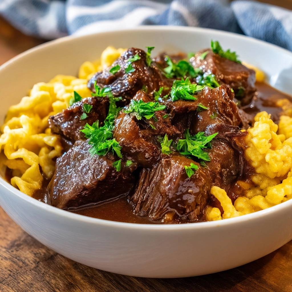 Rindergulasch Mit Spaetzle Nahaufnahme Serviert 1 Rindergulasch mit Spätzle, serviert in einer weißen Schüssel, zeigt eine Nahaufnahme der butterzarten Fleischstücke mit frischer Petersilie.
