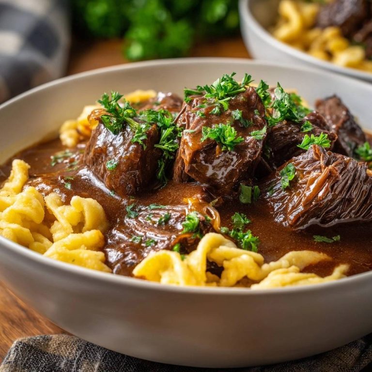 Rindergulasch mit Spätzle, serviert in einer weißen Schüssel, mit frischer Petersilie garniert und dampfend heiß. Ein herzhaftes Gericht, das zum Genießen einlädt.