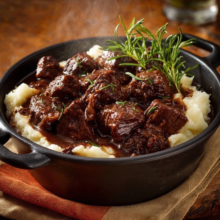 Rindfleischragout mit Kartoffelbrei, serviert in einer rustikalen Schüssel, dampft verführerisch. Frische Rosmarinzweige garnieren das herzhafte Gericht.