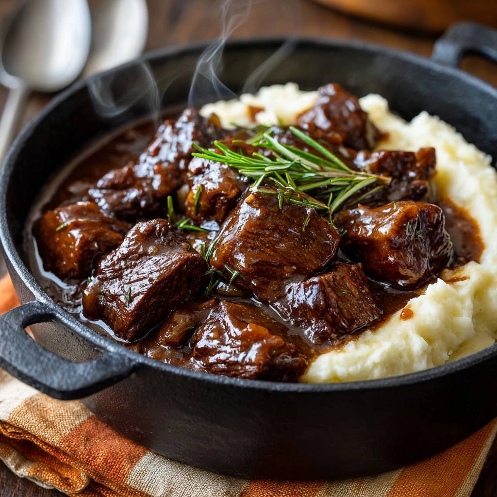 Rindfleischragout mit Kartoffelbrei, serviert in einer rustikalen Pfanne, zeigt dampfende, zarte Fleischstücke auf cremigem Kartoffelbrei.