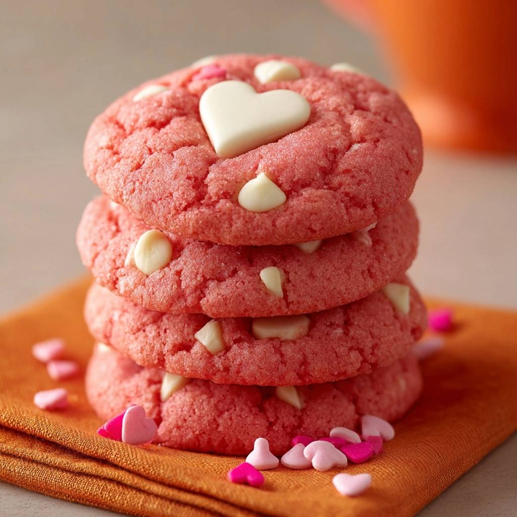 Rosa Herzchen Cookies Gestapelt Close Up 1 Rosa Herzchen-Cookies in Nahaufnahme gestapelt, mit weißen Schokoladenstückchen und einem weißen Herz-Topping. Diese süßen Kekse sind perfekt für Valentinstag oder besondere Anlässe.