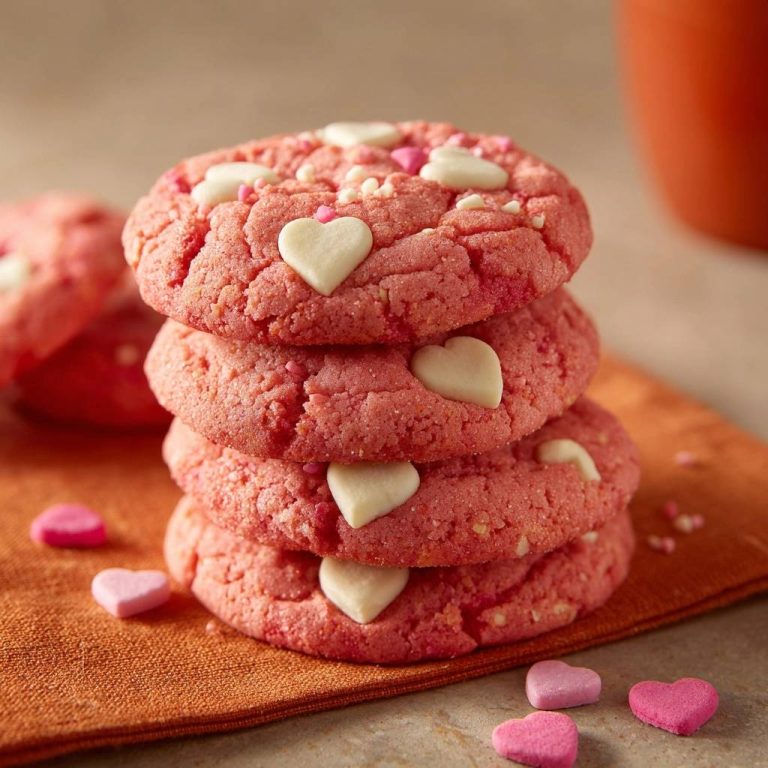 Rosa Herzchen-Cookies, gestapelt mit weißen Herzchen und Zuckerstreuseln, die auf einer orangefarbenen Serviette serviert werden.