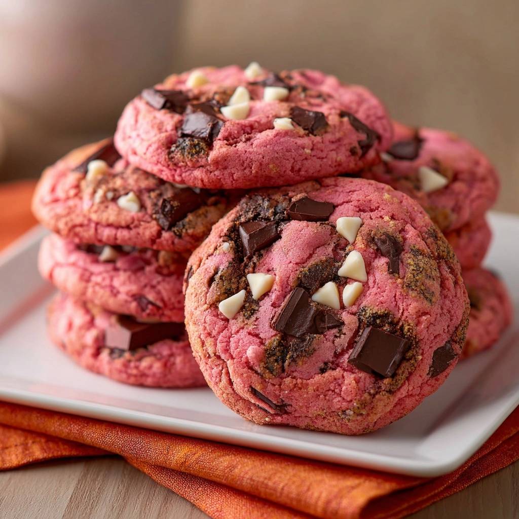 Rosa Schoko-Chunk-Cookies gestapelt auf einem weißen Teller, serviert auf einem orangefarbenen Untersetzer. Die großen Kekse sind mit Schokoladenstücken verziert.