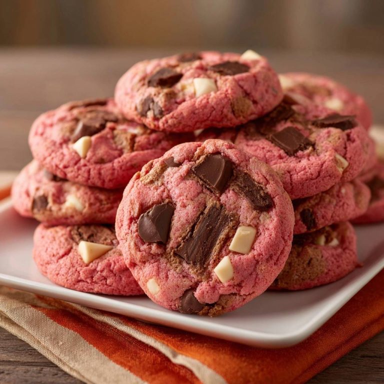 Rosa Schoko-Chunk-Cookies gestapelt auf einem weißen Teller, dekoriert mit Schokostücken und weißer Schokolade. Ein verlockender Blick auf die frisch gebackenen Kekse.