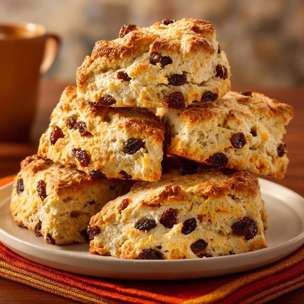 Rosinen Scones Gestapelt Auf Teller 1 Rosinen-Scones, gestapelt auf einem Teller, zeigen die saftige Textur und die goldbraune Kruste. Die Rosinen sind gleichmäßig verteilt.