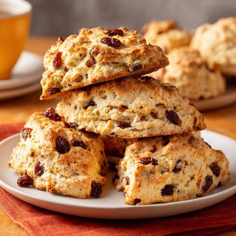 Rosinen-Scones sind auf einem Teller gestapelt, eine Nahaufnahme zeigt die Textur und die Rosinen in den frisch gebackenen Scones.