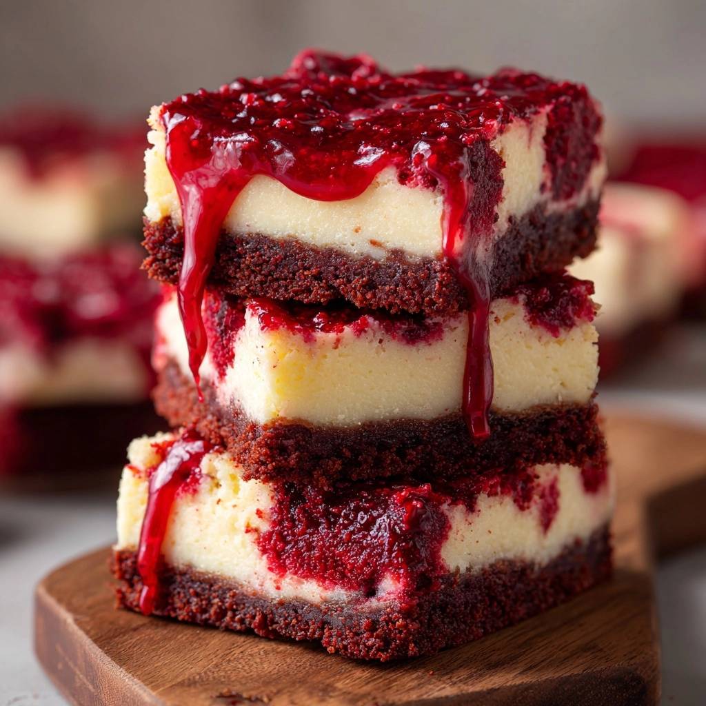 Rot Samtkuchen Kasekuchen Querschnitt 1 Rot-Samtkuchen Käsekuchen-Squares mit Himbeersoße zeigen hier eine Nahaufnahme des köstlichen Querschnitts mit Schichten. Die saftige Himbeersoße tropft verführerisch herab.