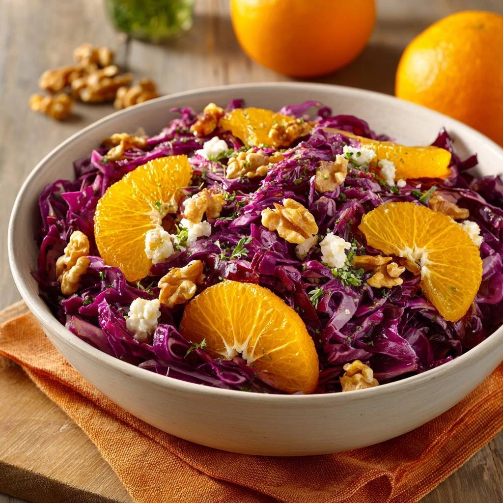 Rotkohl Orangen Salat Mit Walnussen Draufsicht 1 Rotkohl-Orangen-Salat mit Walnüssen & Feta: Eine appetitliche Draufsicht des frischen Salats mit knackigen Walnüssen, Orangen und Feta.
