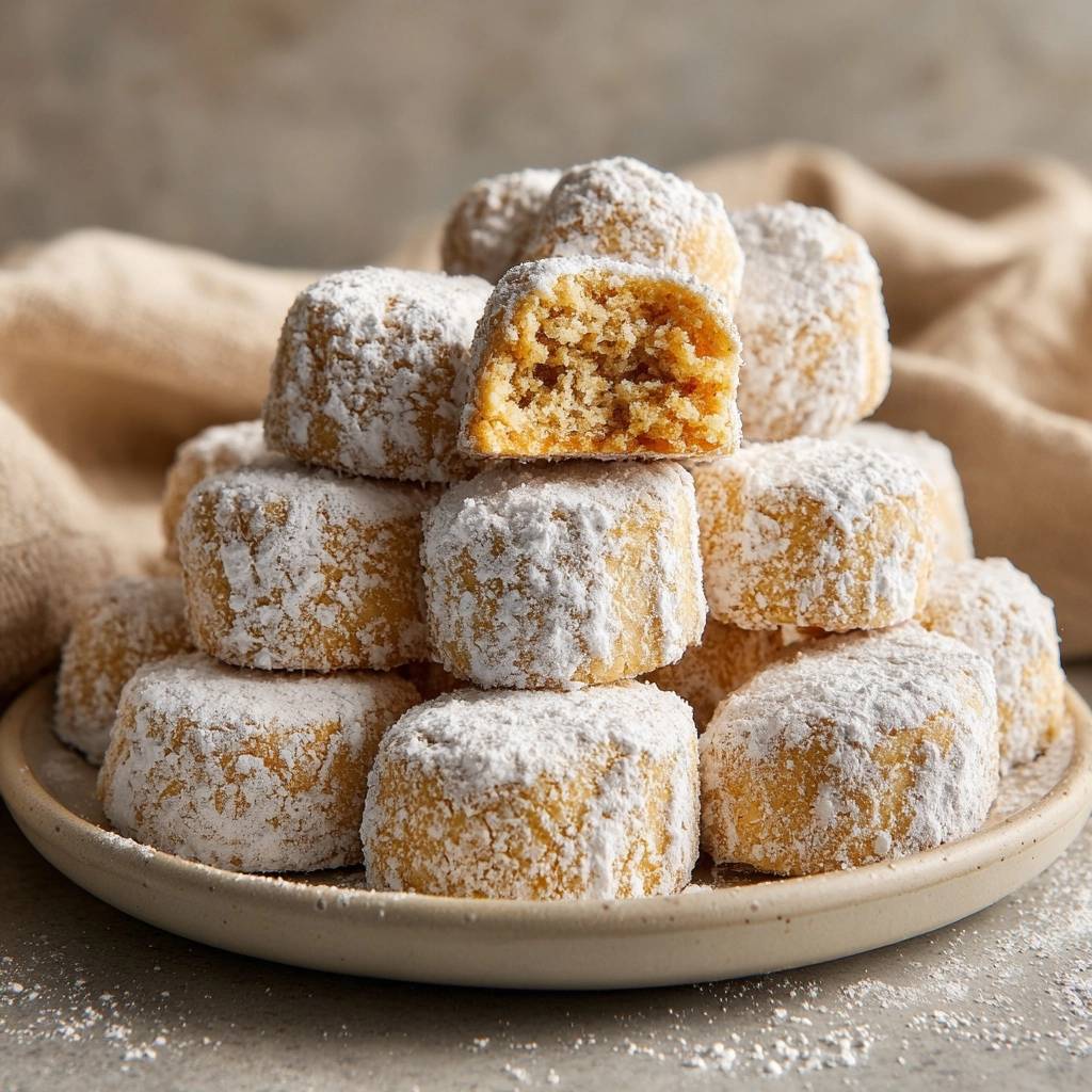 Russische Zuckerkugeln mit Puderzucker bestäubt, eine davon angeschnitten, um die zarte Textur im Inneren zu zeigen.