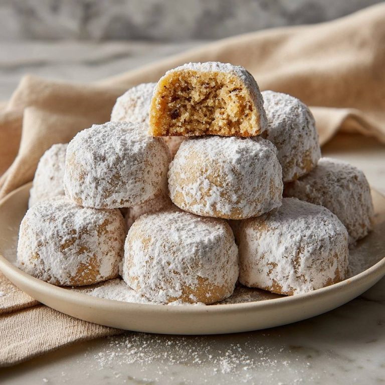Russische Zuckerkugeln mit Puderzucker bestäubt, eine davon angeschnitten, um die Innenansicht zu zeigen. Köstliche, traditionelle Weihnachtsplätzchen.