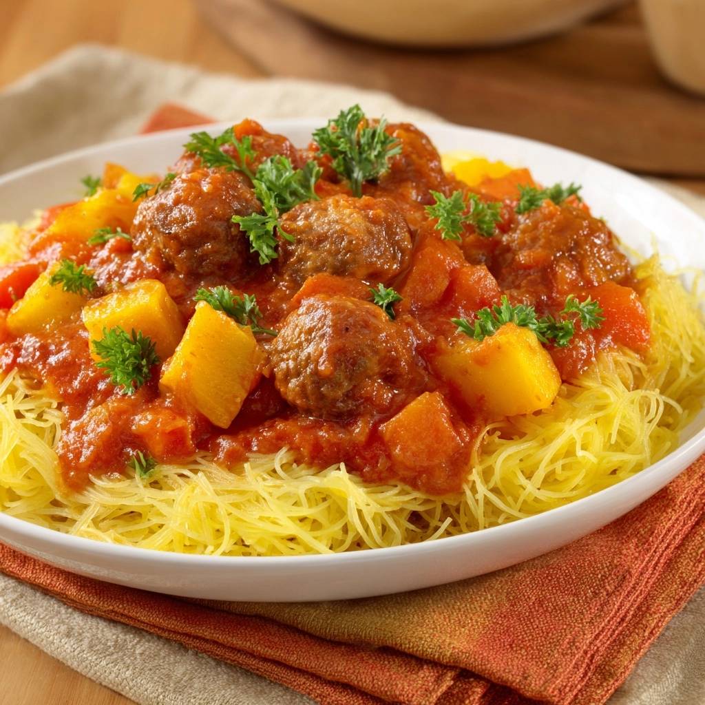 Saftige Ananas-Frikadellen-Spaghetti werden in einer weißen Schüssel serviert und mit frischer Petersilie garniert. Das Gericht besteht aus Spaghetti, Frikadellen, Tomatensauce und Ananas.