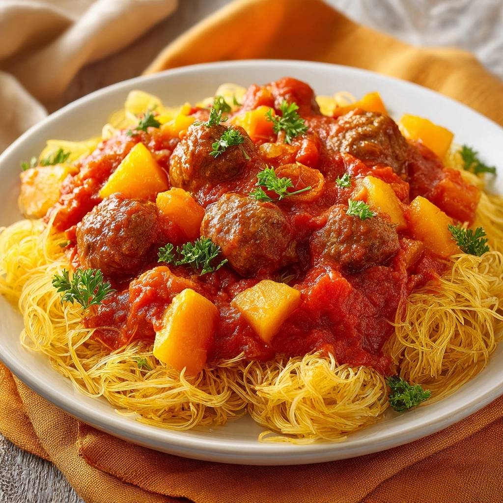 Saftige Ananas-Frikadellen-Spaghetti serviert auf einem weißen Teller, garniert mit frischer Petersilie und saftiger Tomatensauce. Eine leckere Mahlzeit.