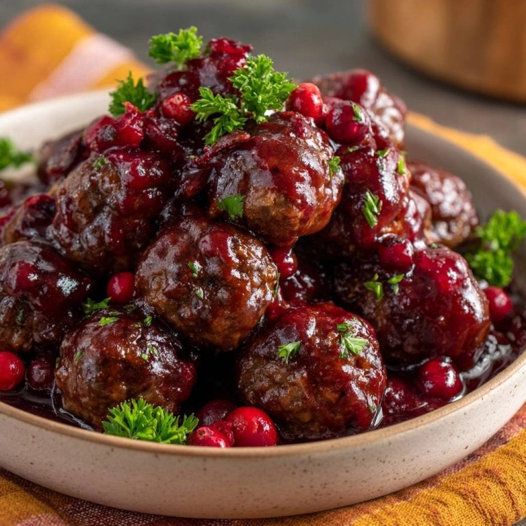 Saftige Cranberry-Fleischbällchen in Nahaufnahme, serviert in einer Schüssel mit glänzender Cranberry-Soße und frischen Kräutern dekoriert.