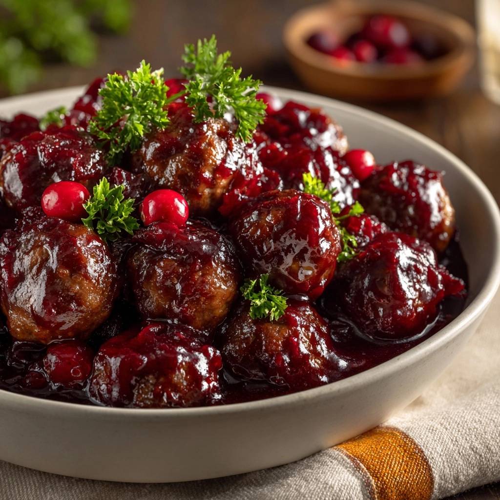 Saftige Cranberry-Fleischbällchen in Nahaufnahme, garniert mit frischer Petersilie und roten Cranberries, serviert in einer cremefarbenen Schüssel.