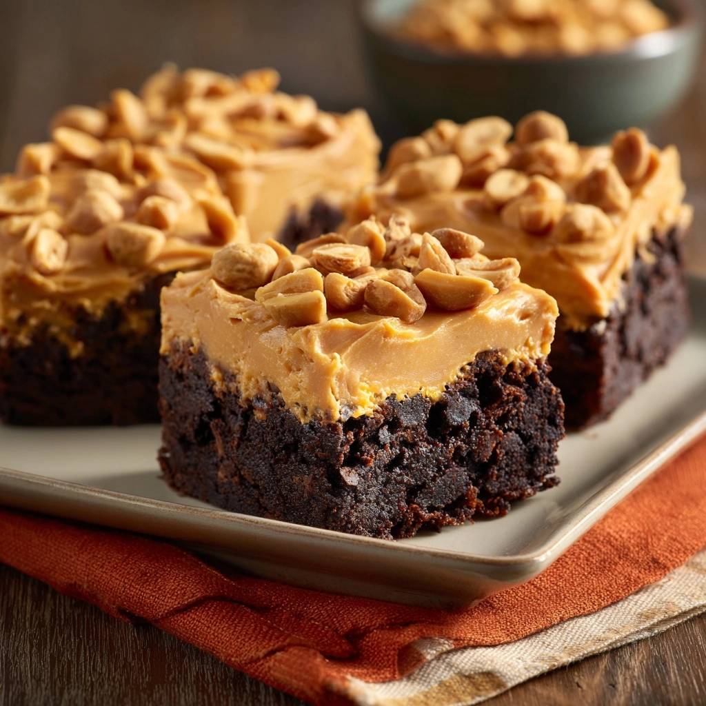 Saftige Erdnussbutter Brownies Querschnitt 1 Saftige Erdnussbutter-Brownies in Nahaufnahme zeigen einen köstlichen Querschnitt mit cremiger Erdnussbutter-Glasur und gerösteten Erdnüssen.