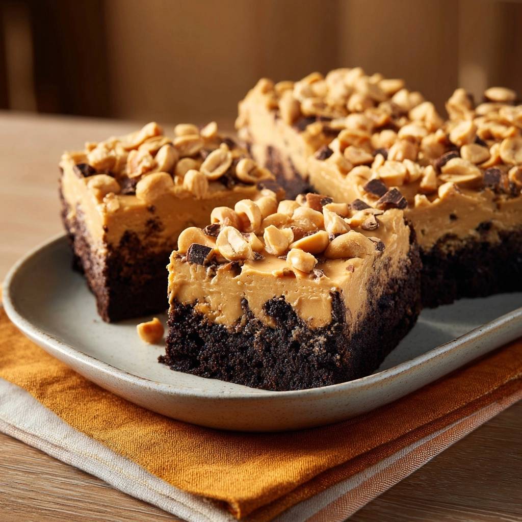 Saftige Erdnussbutter-Brownies in Nahaufnahme: Ein Querschnitt zeigt die schokoladige Basis, die cremige Erdnussbutter-Schicht und die knackigen Erdnüsse.