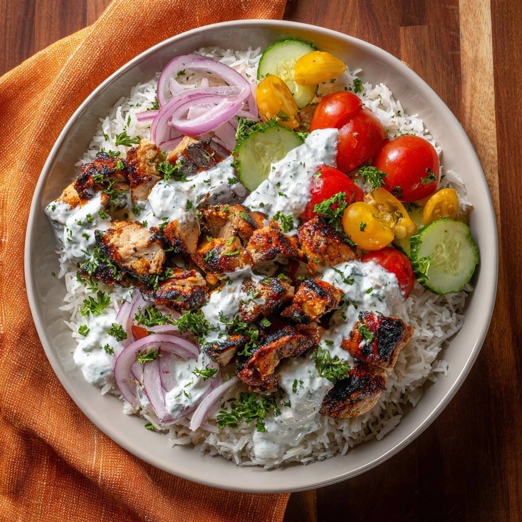 Saftige Gewürz-Hähnchen-Bowl mit Raita aus der Vogelperspektive gesehen, mit frischem Gemüse und dem cremigen Raita-Dressing.