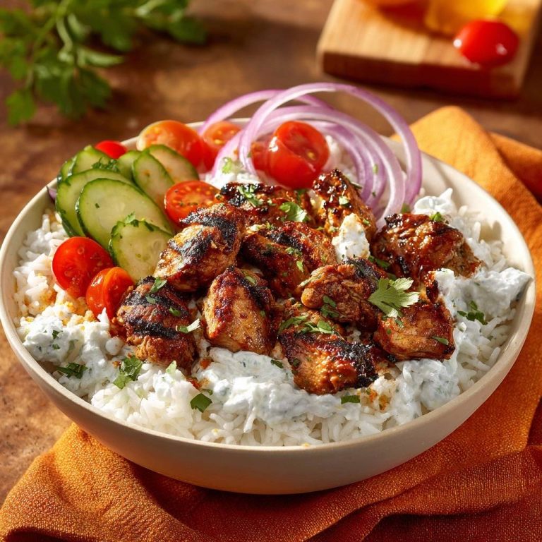 Saftige Gewürz-Hähnchen-Bowl mit Raita, serviert in einer Schüssel, mit frischen Tomaten, Gurken und roten Zwiebeln drapiert.