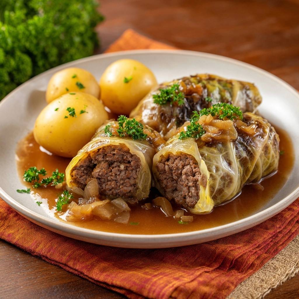 Saftige Hack Kohlrouladen Mit Tomatenso E Serviert 1 Saftige Hack-Kohlrouladen mit Tomatensoße, serviert auf einem Teller mit Kartoffeln und einer köstlichen Bratensoße, garniert mit frischer Petersilie.