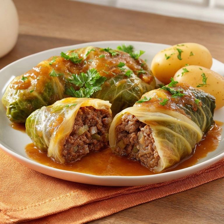 Saftige Hack-Kohlrouladen mit Tomatensoße, serviert auf einem Teller, mit einem Anschnitt, der das saftige Innere zeigt.