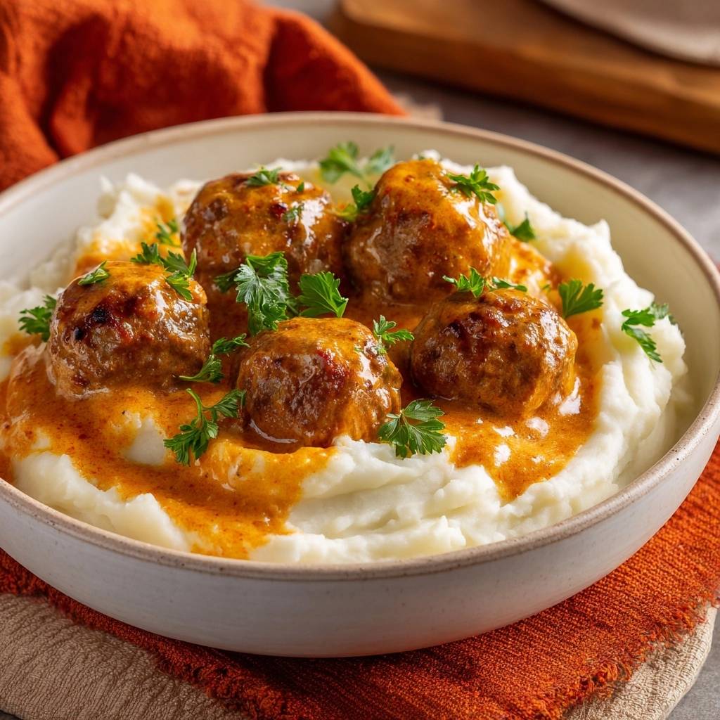 Saftige Hackbällchen in Tomatensauce auf cremigem Püree, eine Nahaufnahme mit frischer Petersilie garniert.