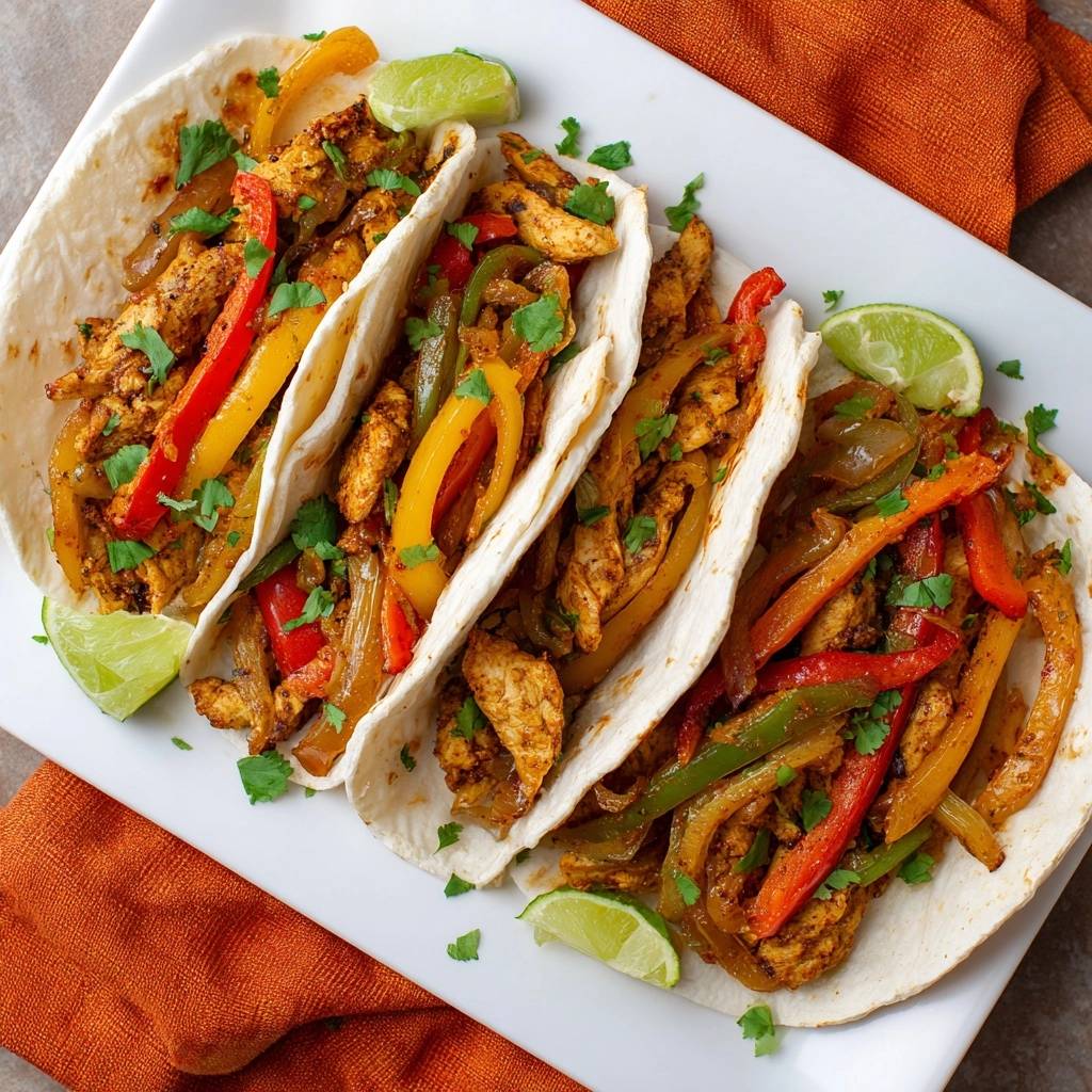 Saftige Hähnchen-Fajitas in einer Draufsicht serviert, mit Paprika, Zwiebeln, frischem Koriander und Limetten-Spalten auf einem weissen Teller.