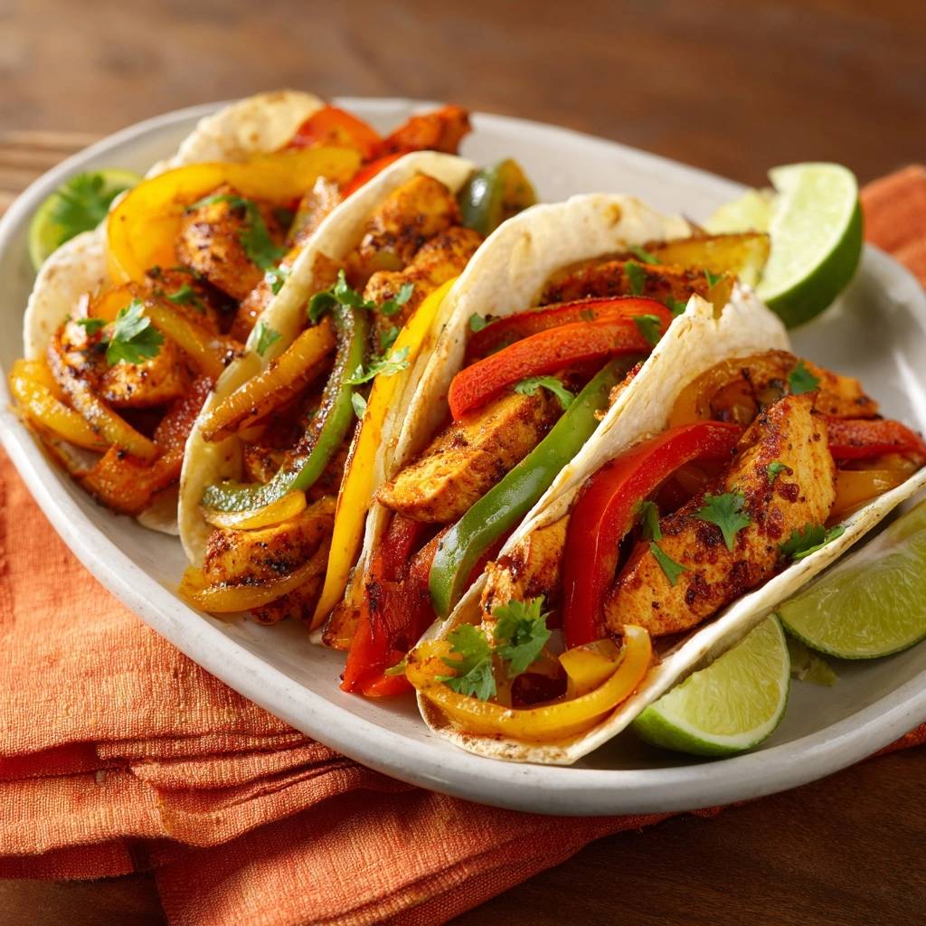 Saftige Hhnchen Fajitas Serviert 1 2 Saftige Hähnchen-Fajitas serviert auf einem weißen Teller, garniert mit frischem Koriander und Limettenspalten. Das Fleisch ist perfekt gebraten.